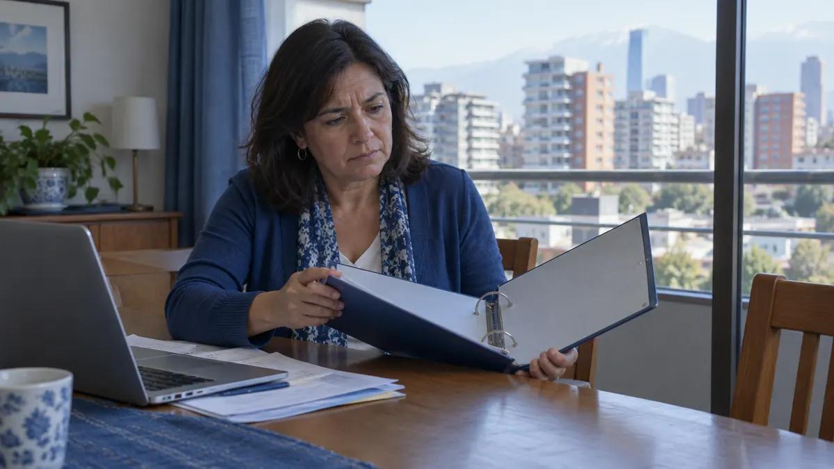 Presidenta del comité de un edificio en Santiago revisando una carpeta vacía de rendición de cuentas porque el administrador no rinde cuentas