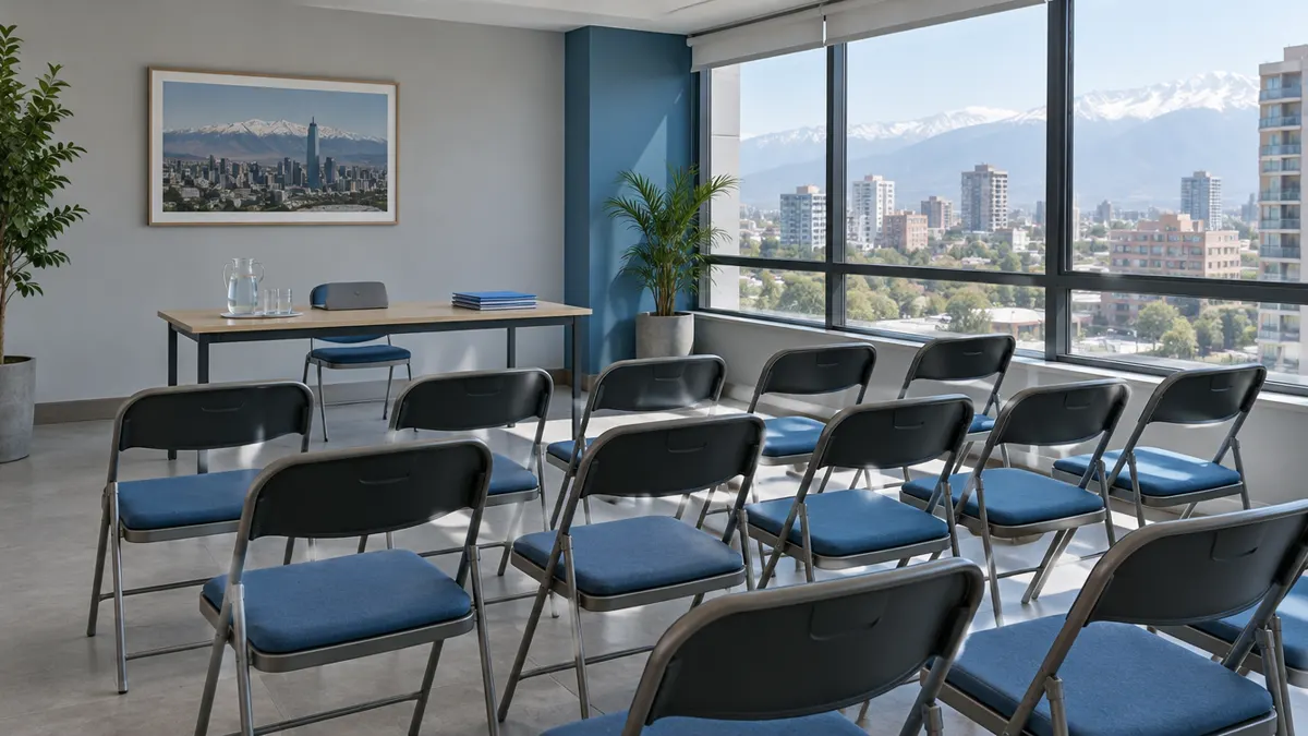 Sala multiuso de un edificio residencial preparada con sillas y una mesa para la asamblea ordinaria de copropietarios
