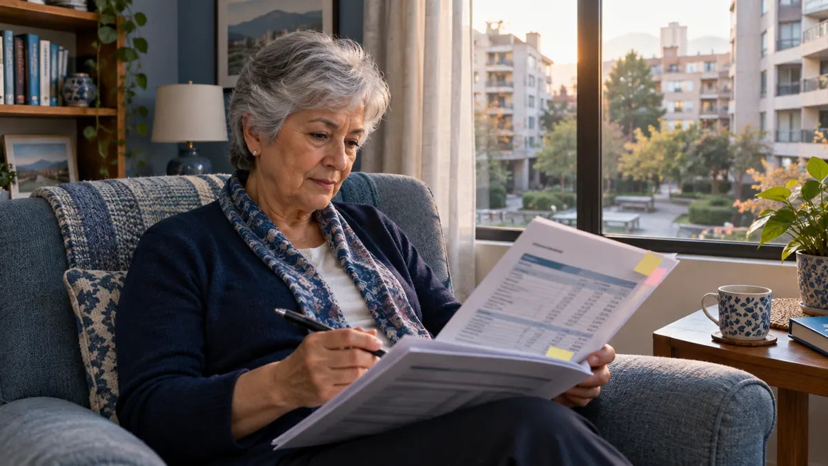 Copropietaria revisando en su casa el balance anual del condominio impreso, con anotaciones al margen antes de la asamblea