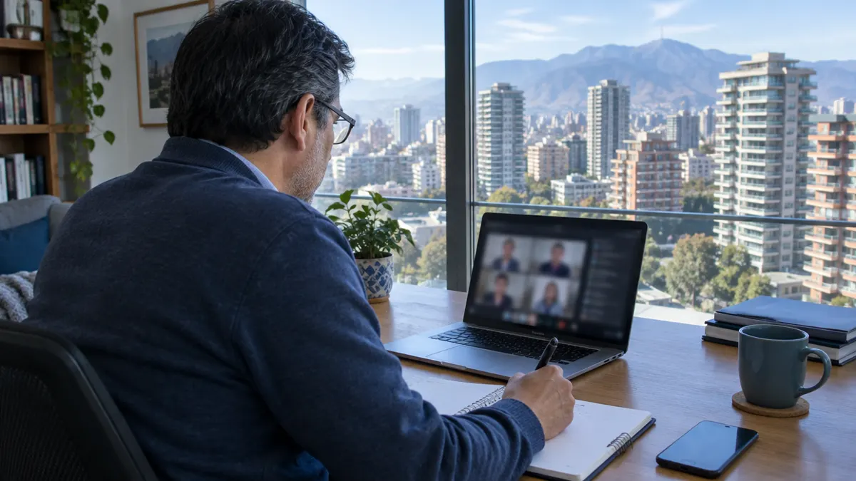 Integrante de un comité de administración conversando por videollamada desde su departamento con vista a edificios de Santiago, mientras evalúa una empresa de auditoría de condominios