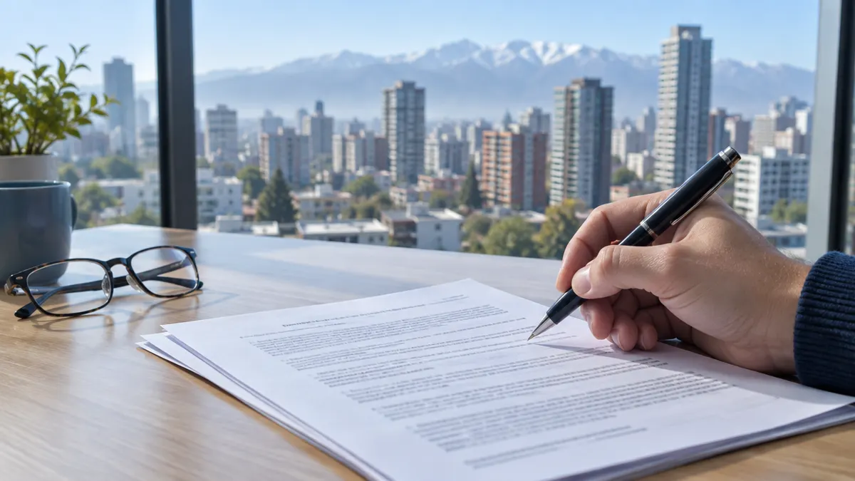 Mano con lápiz sobre un contrato de administración del edificio impreso, en una mesa con vista a torres residenciales de Santiago
