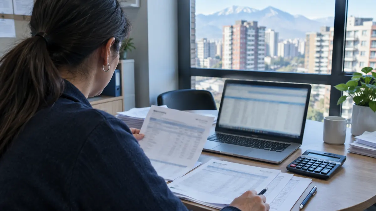 Miembro del comité revisando en un notebook las cotizaciones previsionales del personal del condominio junto a liquidaciones de sueldo