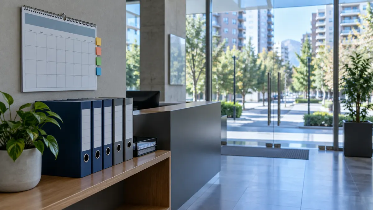 Calendario de pared y carpetas de rendiciones en la conserjería de un edificio residencial de Santiago, planificando cuándo auditar un condominio