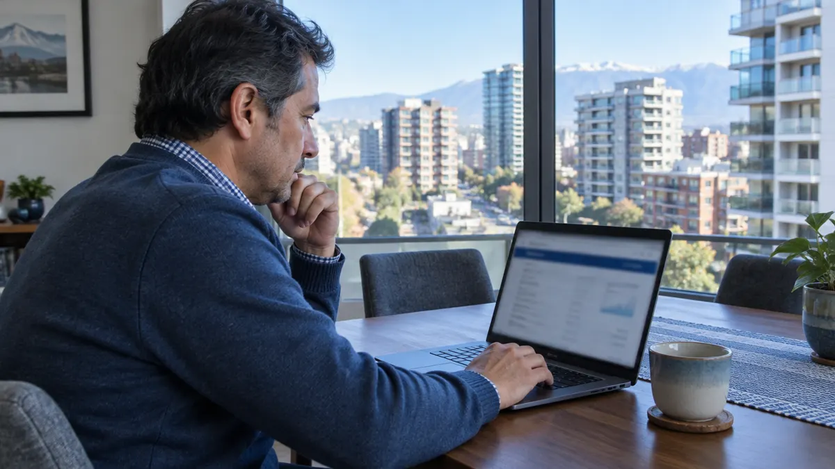 Integrante del comité de un edificio en Santiago revisando en su notebook la cuenta bancaria exclusiva del condominio