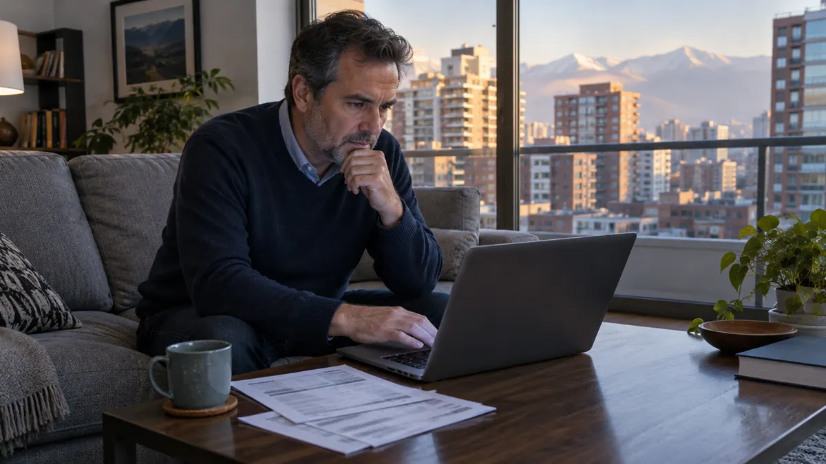 Copropietario revisa en su notebook las cuentas del edificio desde el living de su departamento, con vista a otros edificios residenciales