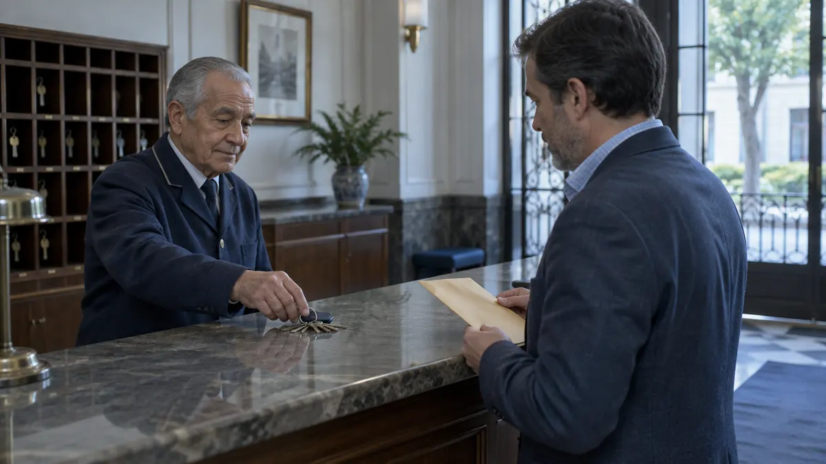 Conserje con muchos años de servicio entregando las llaves en la portería de un edificio, contexto del finiquito e indemnización