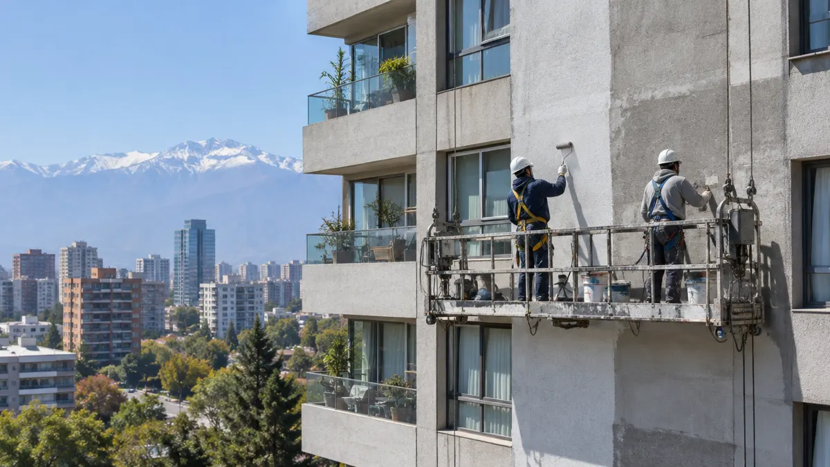 Trabajadores reparando la fachada de un edificio residencial en Santiago, ejemplo de obra financiada con gastos comunes extraordinarios