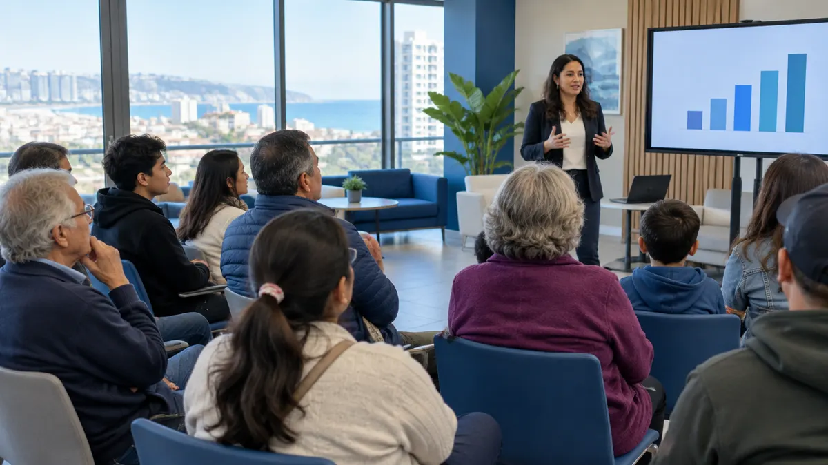 Copropietarios en la sala multiuso de un edificio residencial escuchando la presentación del informe de auditoría del condominio proyectado en una pantalla