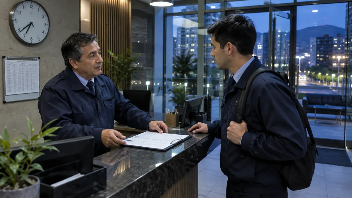 Conserje en la recepción nocturna de un edificio residencial revisando la planilla de turnos de la jornada de 42 horas