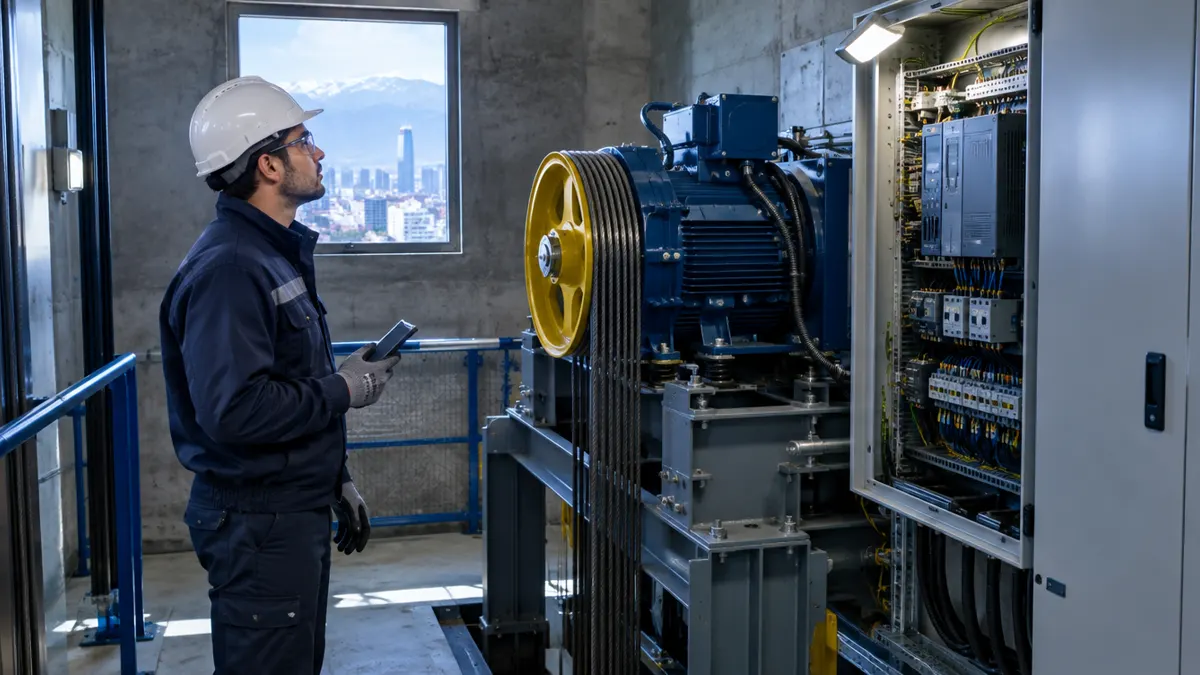 Técnico realizando la mantención de la sala de máquinas de un ascensor en un edificio residencial de Santiago