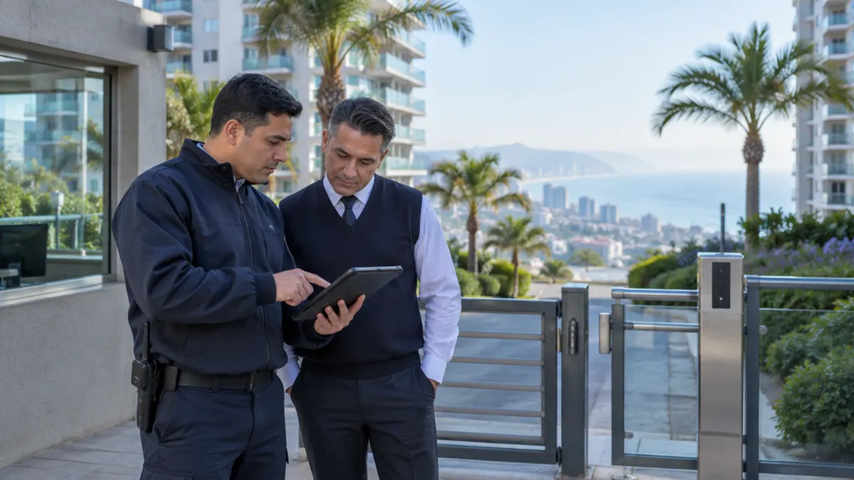 Guardia de empresa externa y conserje del edificio coordinando en el acceso de un condominio de Viña del Mar