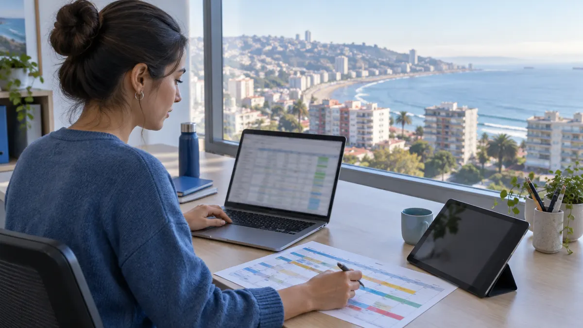 Planilla de presupuesto anual del condominio en un notebook junto a un plan de mantención impreso, con un edificio de Viña del Mar al fondo
