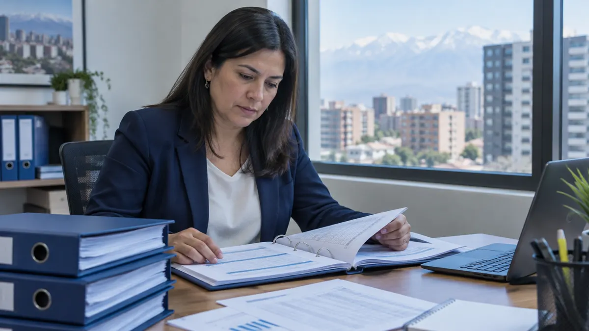 Auditora revisando carpetas de documentos contables en la sala de administración de un edificio residencial en Santiago, en una auditoría de condominio