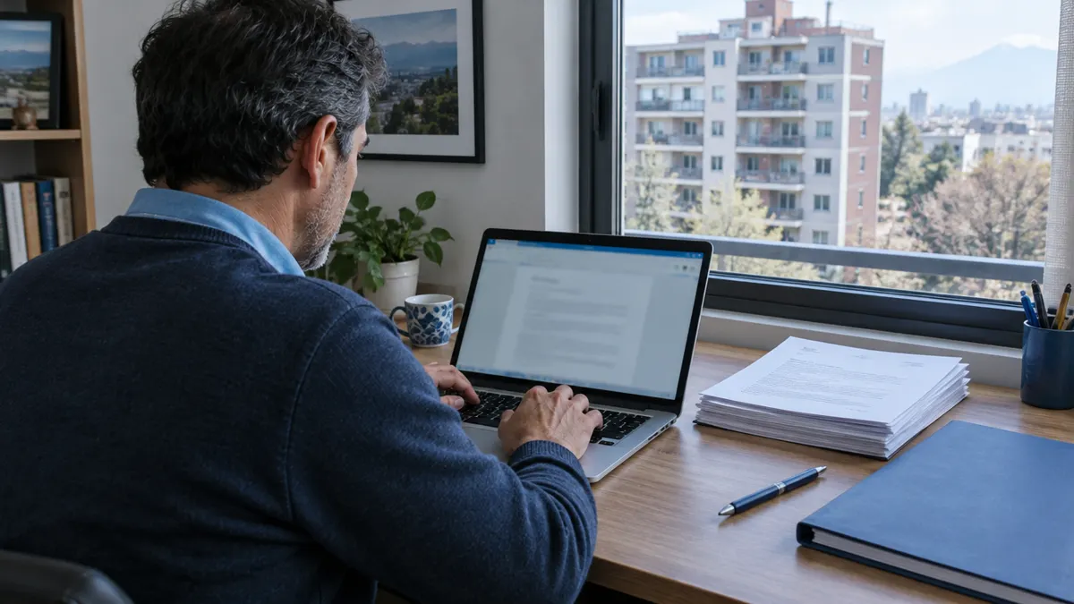 Miembro del comité de un condominio preparando en su notebook un reclamo ante la SEREMI contra el administrador, con documentos impresos al lado