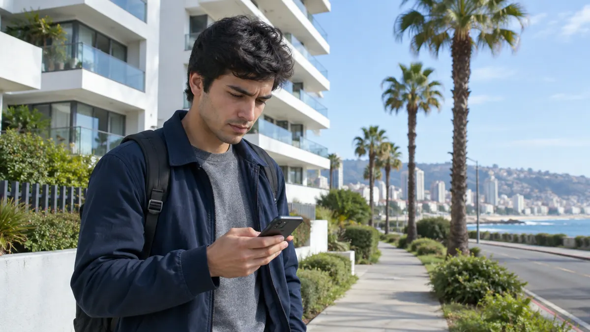 Copropietario consultando en su celular el Registro Nacional de Administradores de Condominios frente a un edificio residencial de Viña del Mar