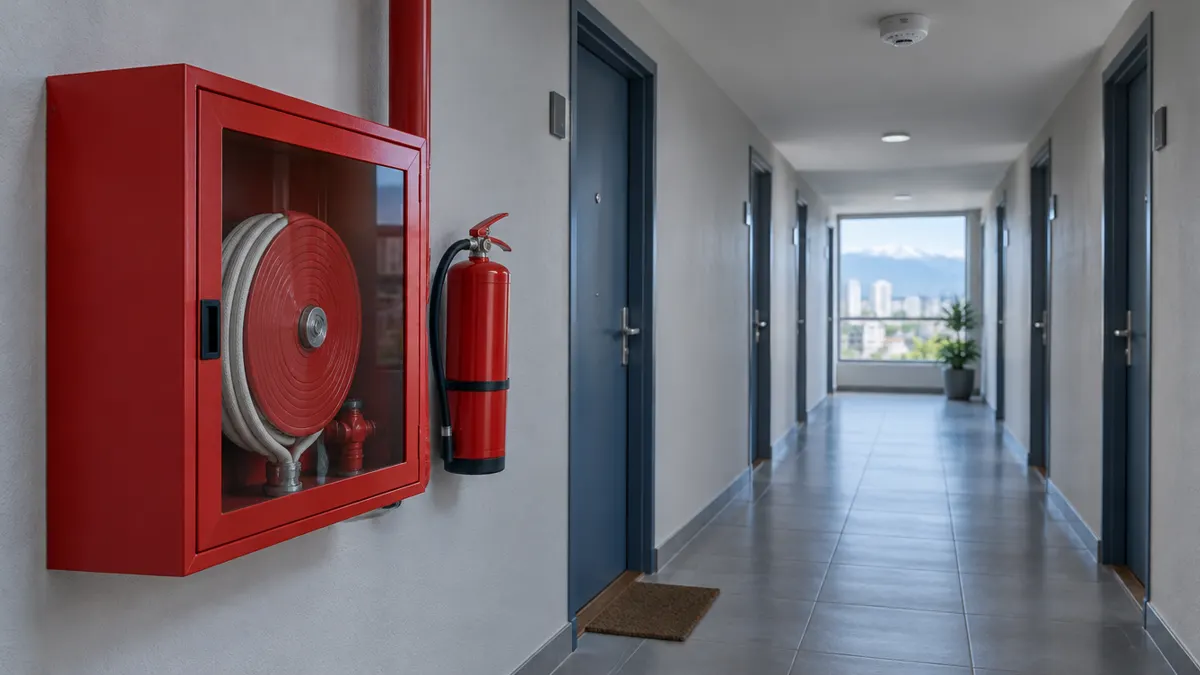 Gabinete de red húmeda y extintor en el pasillo de un edificio residencial en Santiago, relacionado con el seguro contra incendio del condominio