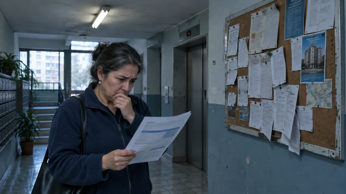 Residente preocupada leyendo su cobro de gastos comunes en el hall de un edificio con un diario mural desordenado