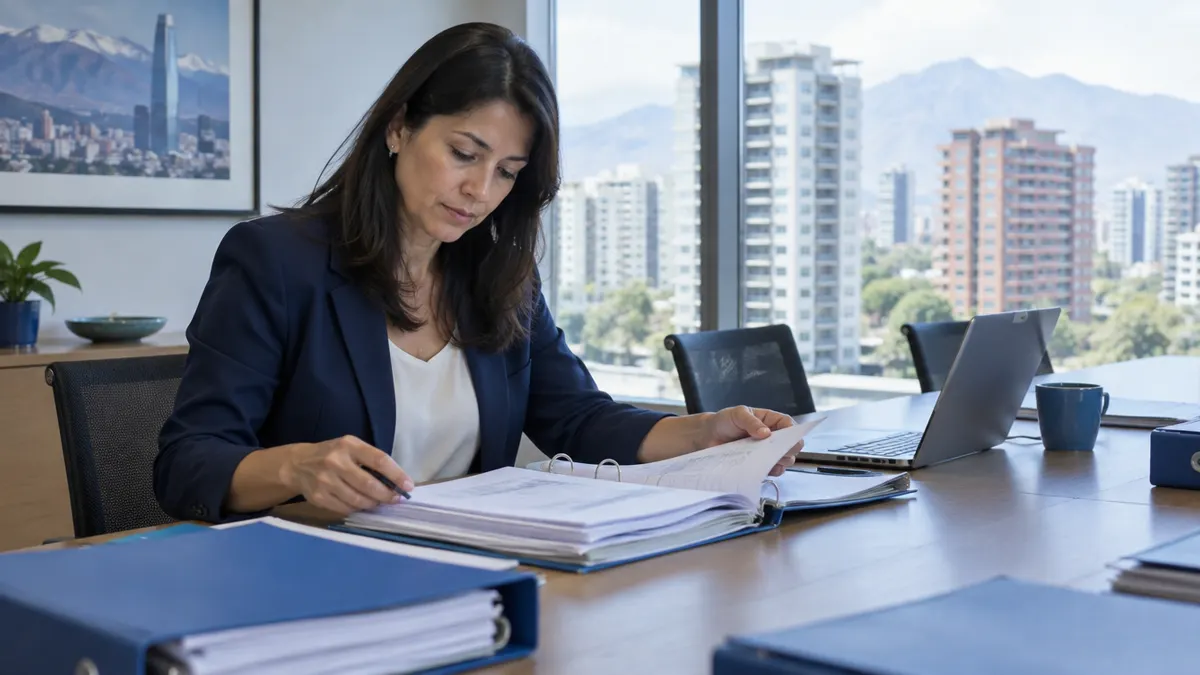 Auditora revisando carpetas de rendiciones y cartolas en la sala de reuniones de un edificio residencial en Chile, parte de una auditoría de condominios