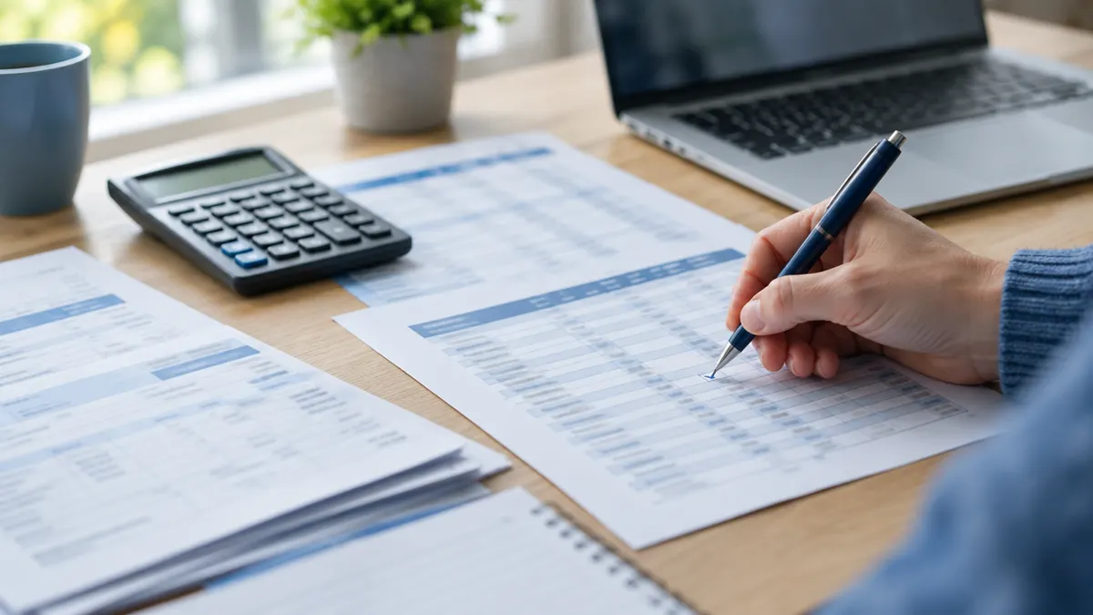 Cartolas bancarias, calculadora y planilla de gastos comunes sobre una mesa durante una auditoría financiera de condominio