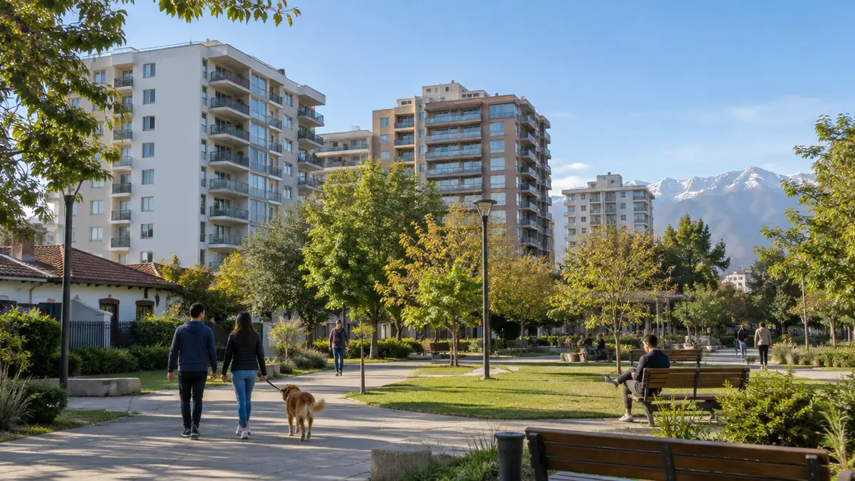 Edificios residenciales de altura media junto a una plaza arbolada en Ñuñoa, comunidades que contratan auditoría de condominios